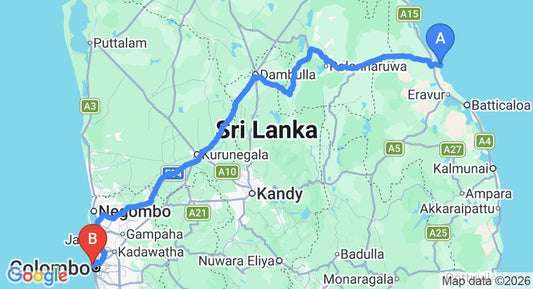 Driving route map: Pasikuda to Colombo Seaport (299 km, approx 6 h 0 min private transfer)