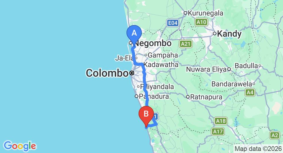 Driving route map: Colombo Airport (CMB) to EKHO Surf, Bentota (108 km, approx 1 h 41 min private transfer)