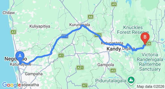 Driving route map: Colombo Airport (CMB) to Mount Holiday inn, Hunnasgiriya (156 km, approx 4 h 3 min private transfer)