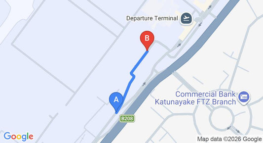 Driving route map: Colombo Airport (CMB) to Motel Sakura, Katunayake (0 km, approx 0 min private transfer)