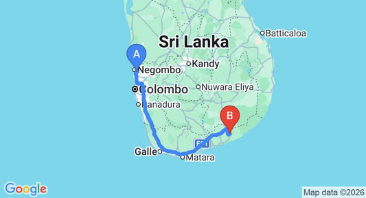 Driving route map: Colombo Airport (CMB) to Wirawila (279 km, approx 3 h 48 min private transfer)
