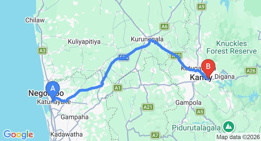 Driving route map: Colombo Airport (CMB) to Airavata Luxury Boutique Resorts Hotel, Kandy (118 km, approx 2 h 57 min private transfer)
