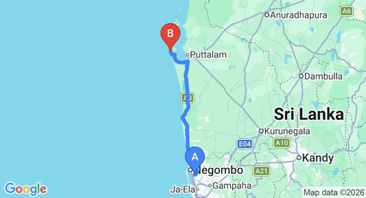 Driving route map: Colombo Airport (CMB) to Palagama Beach, Puttalam (120 km, approx 2 h 55 min private transfer)