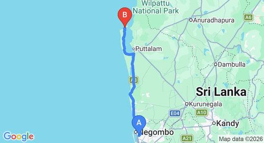 Driving route map: Colombo Airport (CMB) to Villa Setha Wadi, Kalpitiya (140 km, approx 3 h 17 min private transfer)