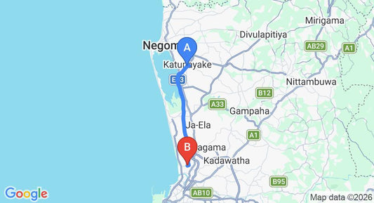 Driving route map: Colombo Airport (CMB) to Hendala (25 km, approx 32 min private transfer)