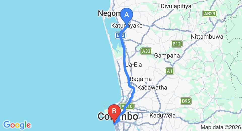Driving route map: Colombo Airport (CMB) to Renuka City Hotel, Colombo (36 km, approx 50 min private transfer)