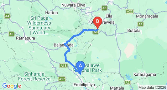 Driving route map: Udawalawe to Haputale (87 km, approx 2 h 35 min private transfer)