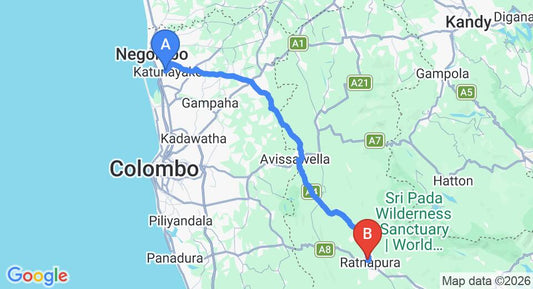 Driving route map: Colombo Airport (CMB) to Ratnapura (94 km, approx 2 h 40 min private transfer)