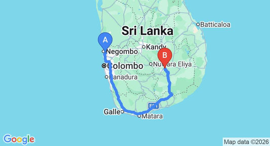 Driving route map: Colombo Airport (CMB) to Ella Resort, Ella (336 km, approx 4 h 59 min private transfer)