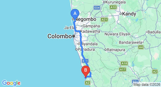Driving route map: Colombo Airport (CMB) to Holiday Bungalow, Ambalangoda (130 km, approx 1 h 59 min private transfer)