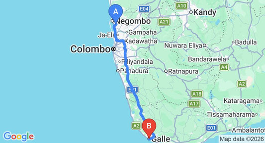 Driving route map: Colombo Airport (CMB) to 23 Palm, Galle (152 km, approx 2 h 11 min private transfer)