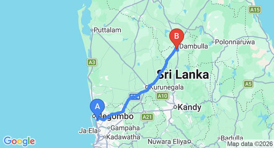 Driving route map: Colombo Airport (CMB) to Jetwing Lake, Dambulla (133 km, approx 2 h 55 min private transfer)