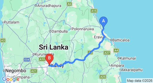 Driving route map: Pasikuda to Kandy (189 km, approx 4 h 21 min private transfer)