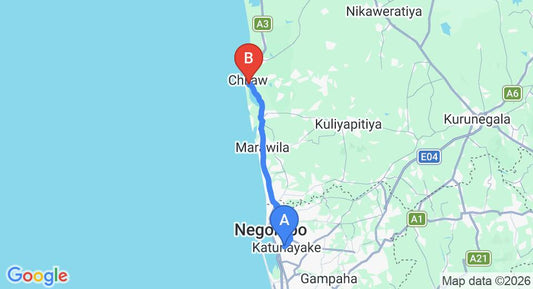 Driving route map: Colombo Airport (CMB) to Chilaw Far Inn Village, Chilaw (52 km, approx 1 h 28 min private transfer)