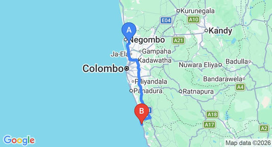 Driving route map: Colombo Airport (CMB) to Oasey Beach Hotel, Bentota (112 km, approx 1 h 46 min private transfer)