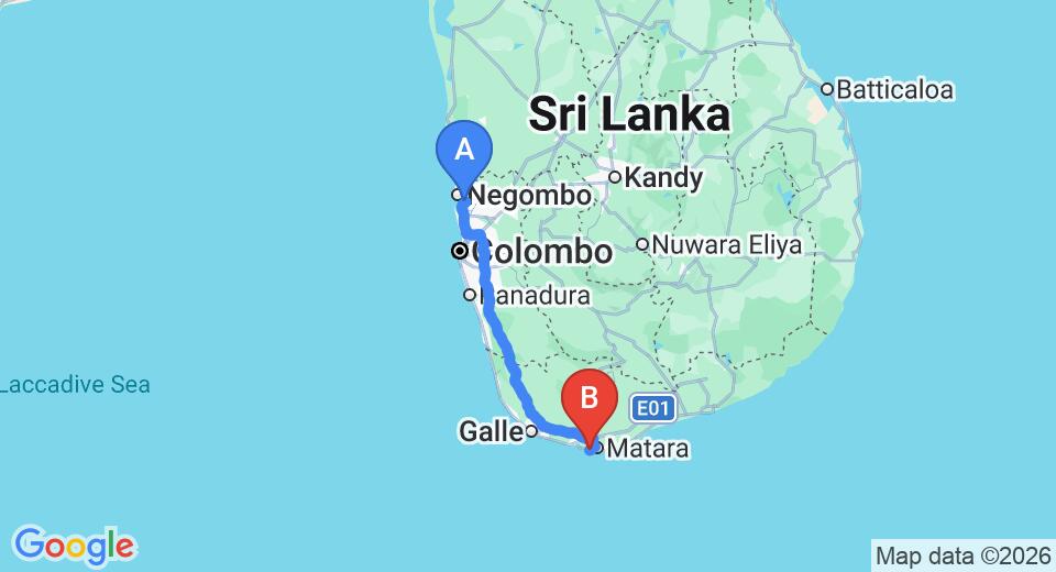 Driving route map: Colombo Airport (CMB) to Pointe Sud, Weligama (186 km, approx 2 h 36 min private transfer)