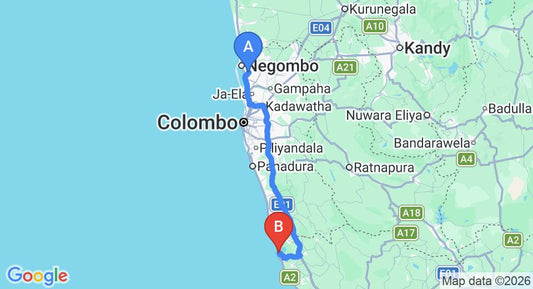 Driving route map: Colombo Airport (CMB) to Calamansi Cove by Jetwing, Balapitiya (132 km, approx 2 h 4 min private transfer)