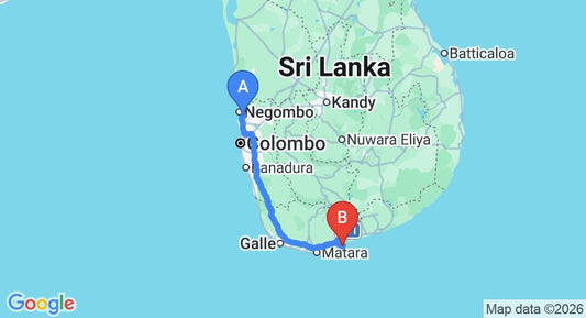 Driving route map: Colombo Airport (CMB) to Villa Lucky Star, Tangalle (213 km, approx 2 h 56 min private transfer)