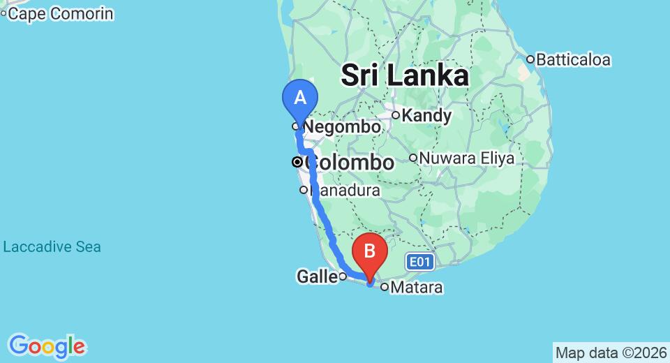 Driving route map: Colombo Airport (CMB) to Private Residence, Weligama (172 km, approx 2 h 24 min private transfer)