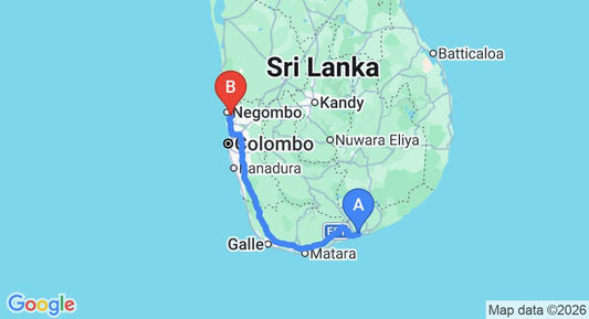 Driving route map: Ambalantota to Colombo Airport (CMB) (243 km, approx 3 h 12 min private transfer)