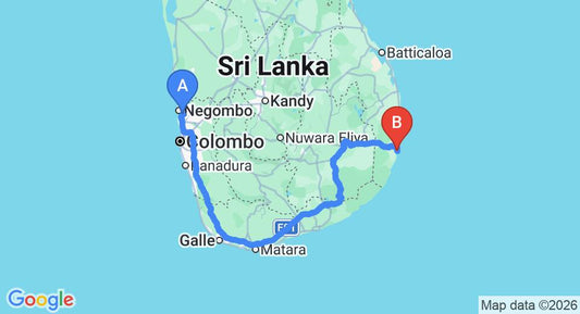 Driving route map: Colombo Airport (CMB) to The Arugam Hostel, Arugam Bay (418 km, approx 6 h 26 min private transfer)