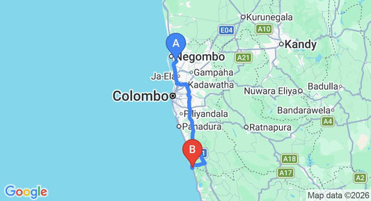 Driving route map: Colombo Airport (CMB) to Centara Ceysands Resort, Bentota (109 km, approx 1 h 45 min private transfer)