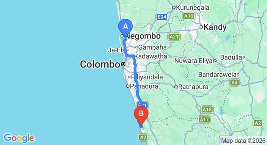 Driving route map: Colombo Airport (CMB) to Ayurveda Lanka Hospital, Ahungalla (122 km, approx 2 h 1 min private transfer)