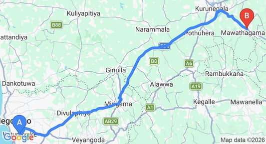 Driving route map: Colombo Airport (CMB) to Mawathagama (84 km, approx 1 h 51 min private transfer)