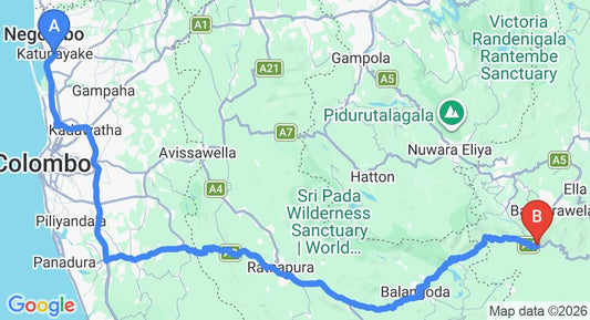 Driving route map: Colombo Airport (CMB) to Benjamin Cottage, Haputale (210 km, approx 5 h 1 min private transfer)
