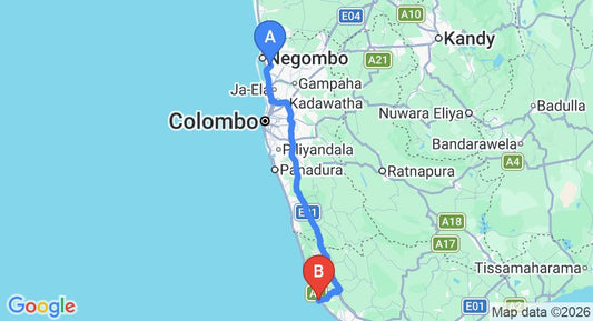 Driving route map: Colombo Airport (CMB) to Hikka Tranz by Cinnamon, Hikkaduwa (145 km, approx 2 h 9 min private transfer)