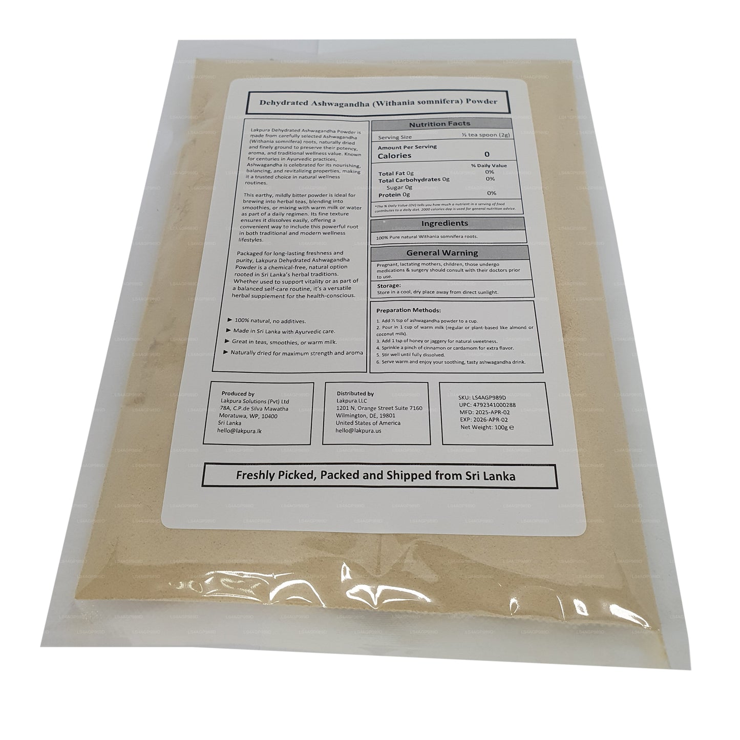 Lakpura® Dehydrate Ashwagandha Powder (100g)