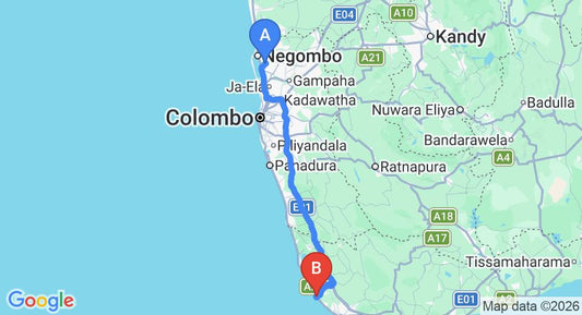 Driving route map: Colombo Airport (CMB) to Villa Kusum, Galle (144 km, approx 2 h 8 min private transfer)