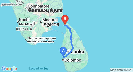 Driving route map: Colombo Airport (CMB) to Tilko City, Jaffna (374 km, approx 7 h 18 min private transfer)