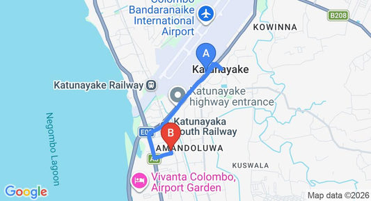 Driving route map: Colombo Airport (CMB) to Norfolk Airport Villa, Katunayake (4 km, approx 12 min private transfer)