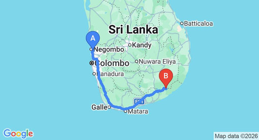 Driving route map: Colombo Airport (CMB) to Cadjan wild, Kataragama (290 km, approx 3 h 55 min private transfer)