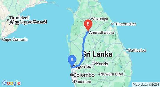 Driving route map: Colombo Airport (CMB) to Kivga Holiday Home, Anuradhapura (176 km, approx 3 h 49 min private transfer)