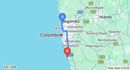Driving route map: Colombo Airport (CMB) to Beruwala (99 km, approx 1 h 41 min private transfer)
