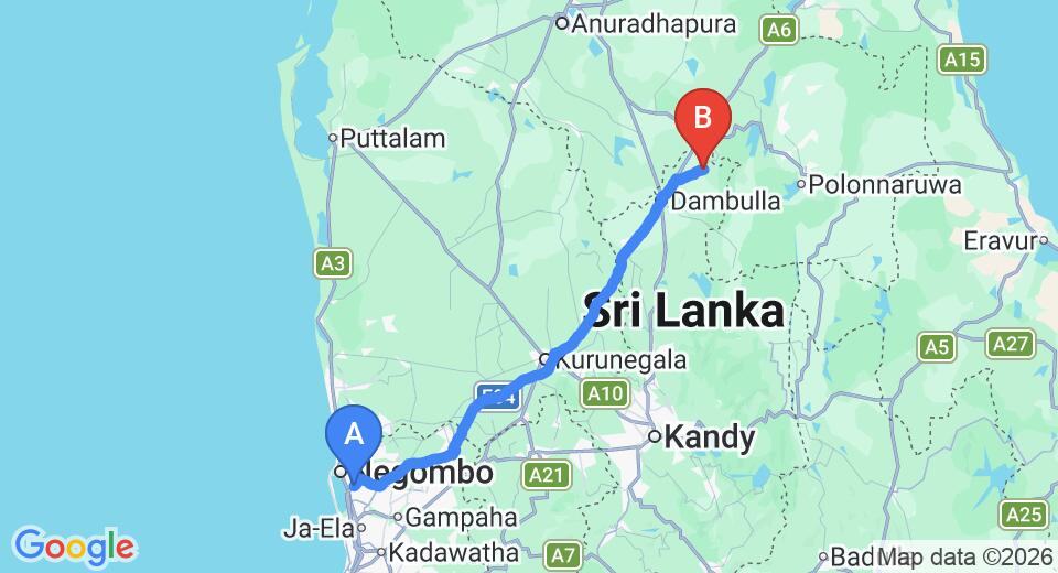Driving route map: Colombo Airport (CMB) to EKHO Sigiriya, Sigiriya (145 km, approx 3 h 10 min private transfer)