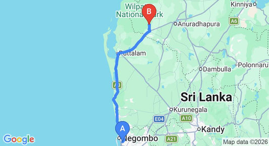 Driving route map: Colombo Airport (CMB) to Wilpattu Safari Camp, Wilpattu (157 km, approx 3 h 37 min private transfer)