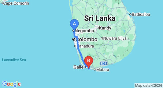 Driving route map: Colombo Airport (CMB) to Global Surf Lodge Kabalana , Ahangama (165 km, approx 2 h 20 min private transfer)