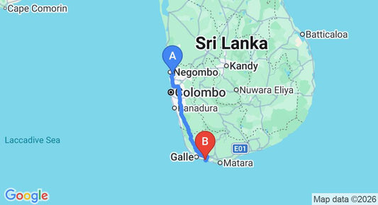 Driving route map: Colombo Airport (CMB) to Mandalay Lake Villa, Koggala (166 km, approx 2 h 22 min private transfer)