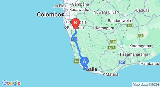 Driving route map: Galle to Yala (89 km, approx 1 h 38 min private transfer)