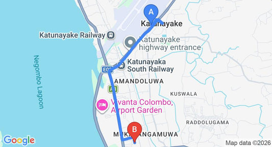 Driving route map: Colombo Airport (CMB) to Cinnamon Airport Residencies, Katunayake (6 km, approx 15 min private transfer)