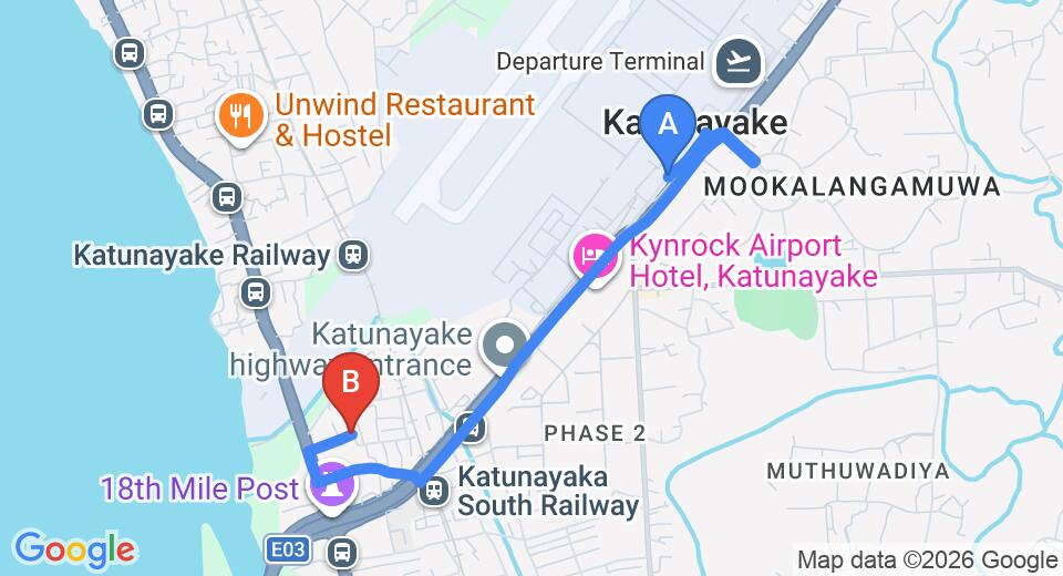 Driving route map: Colombo Airport (CMB) to Airport A4 Transit Residence, Katunayake (3 km, approx 10 min private transfer)