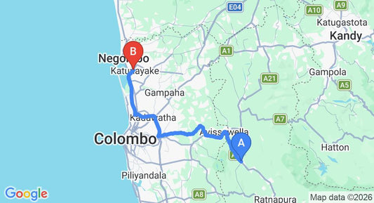 Driving route map: Eheliyagoda to Colombo Airport (CMB) (83 km, approx 1 h 57 min private transfer)