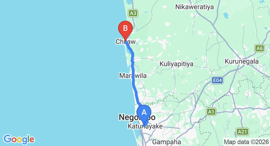 Driving route map: Colombo Airport (CMB) to Heaven Holiday Resort, Chilaw (53 km, approx 1 h 29 min private transfer)