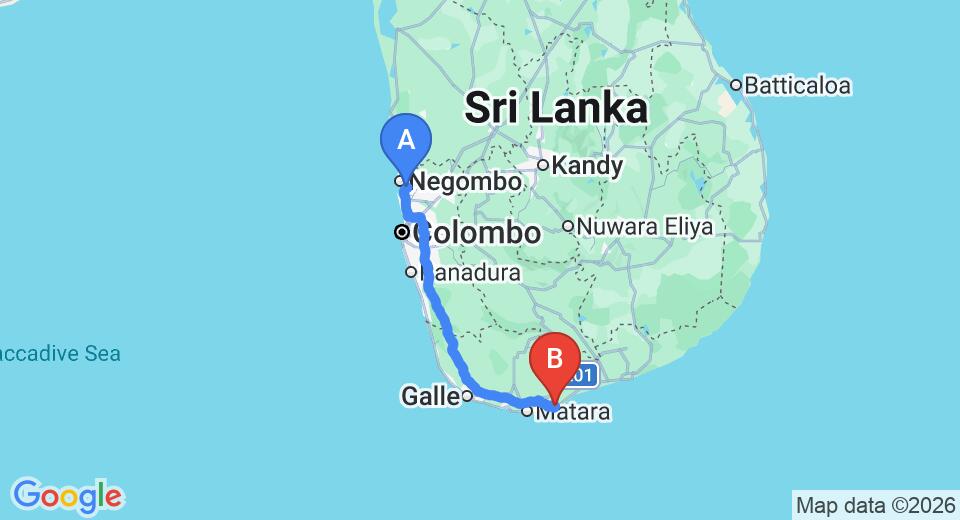 Driving route map: Colombo Airport (CMB) to Peacock Villa Ayurveda Garden, Dikwella (200 km, approx 2 h 51 min private transfer)