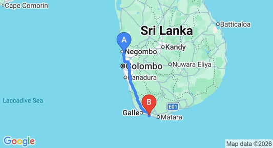Driving route map: Colombo Airport (CMB) to Hotel Amelia, Ahangama (165 km, approx 2 h 21 min private transfer)