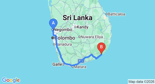 Driving route map: Colombo Airport (CMB) to Aranya Resort, Yala (316 km, approx 5 h 4 min private transfer)