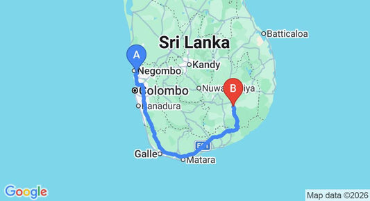 Driving route map: Colombo Airport (CMB) to Mid Count Rest, Galapita (320 km, approx 4 h 22 min private transfer)